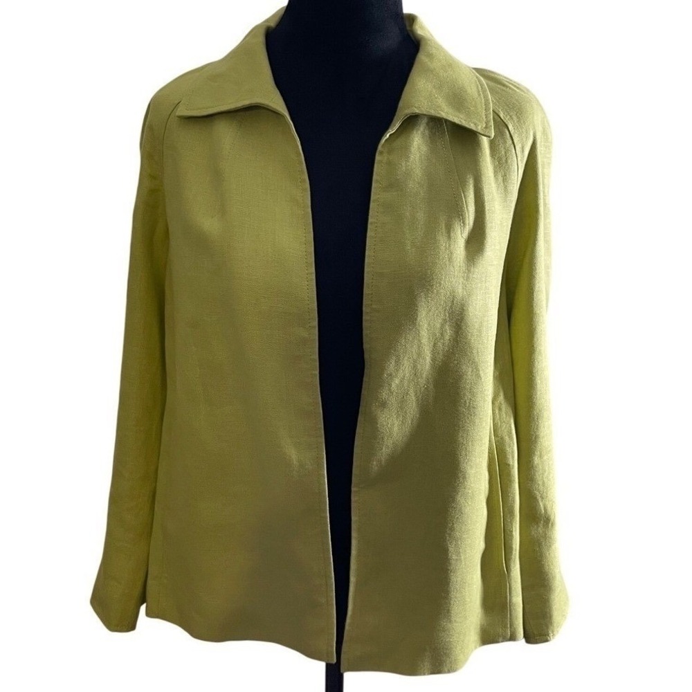 Talbots Pure Irish Linen Open Front Jacket Chartreuse Green Womens SM Collared